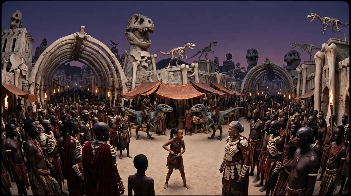 Marché-cité d'os d'Arkhan au crépuscule, squelettes monumentaux de dinosaures dominant les arches
