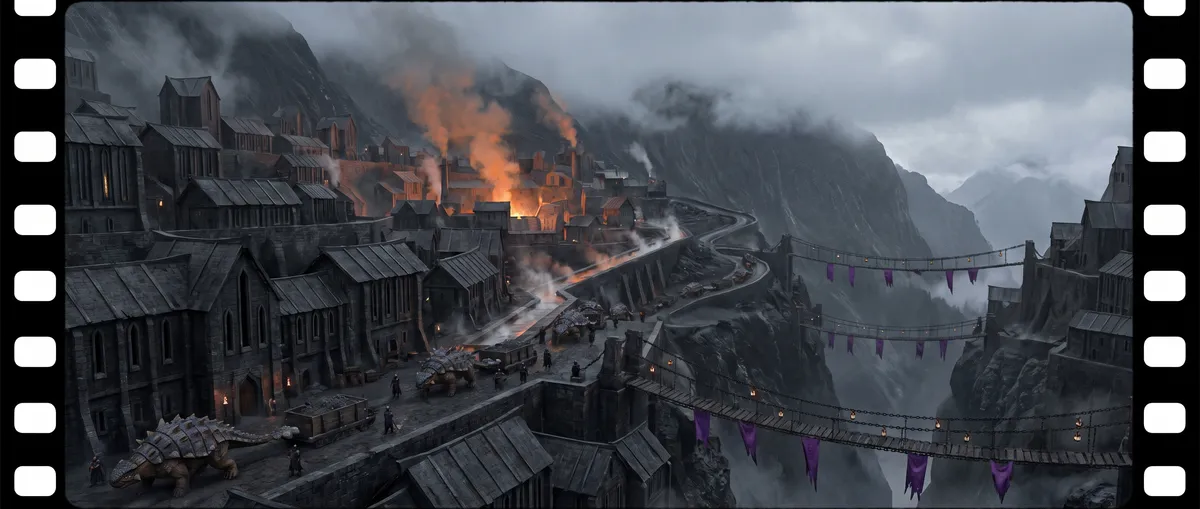 Cité de montagne de Korath : ponts à chaînes et banderoles violettes entre les falaises, convoi d'ankylosaures