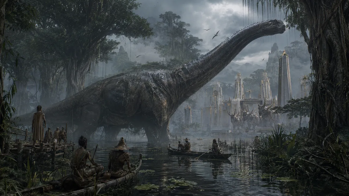 Sauropode colossal parmi des temples-ruines blancs et des pirogues dans les marais brumeux de N'Goro