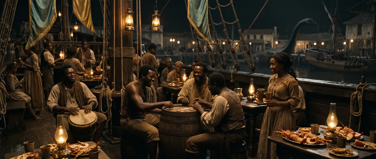 Taverne nocturne sur un pont de navire volonien, jeu de dés, sauropode en silhouette dans le port